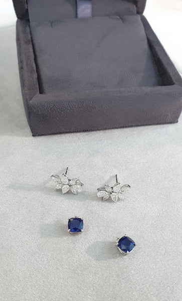Detachable Blue Sapphire Cluster Diamond Earrings