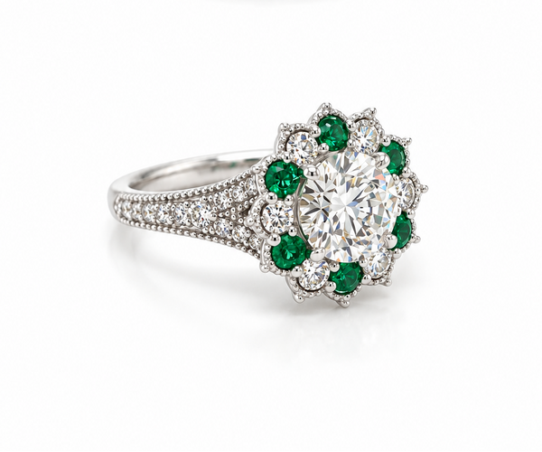 Emerald Diamond Halo Family Ring
