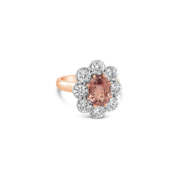 Sunset Padparadscha Vintage Diamond Halo Ring