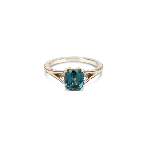 Teal Sapphire Split Shank Milgrain Ring