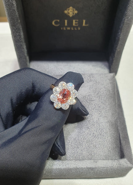 Sunset Padparadscha Vintage Diamond Halo Ring