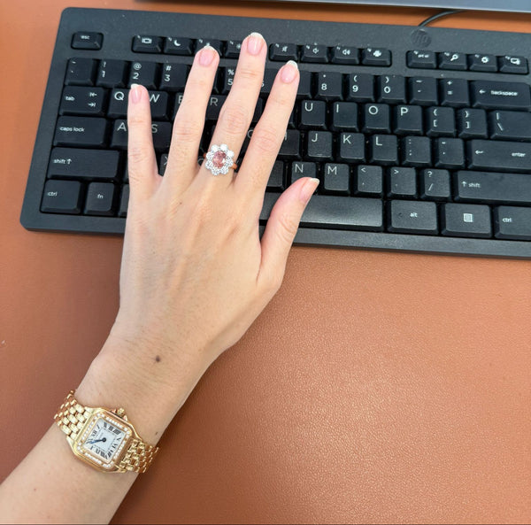 Sunset Padparadscha Vintage Diamond Halo Ring