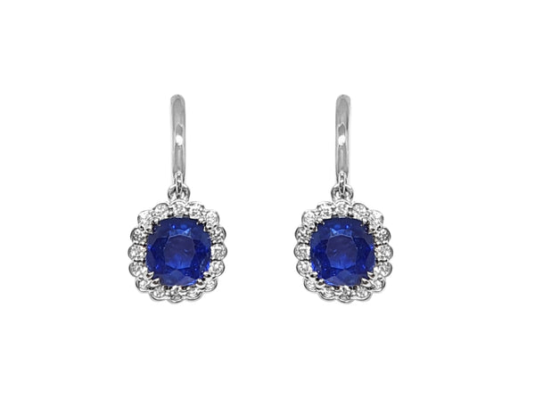 Scallop Diamond Halo Blue Sapphire Earrings