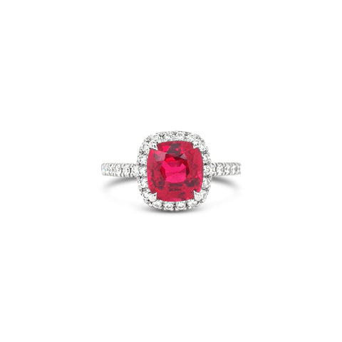 1.78 carat Red Spinel Diamond Halo Platinum Ring