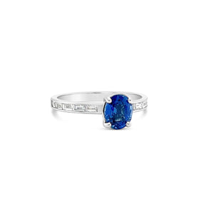 Oval Blue Sapphire Baguette Diamond Ring