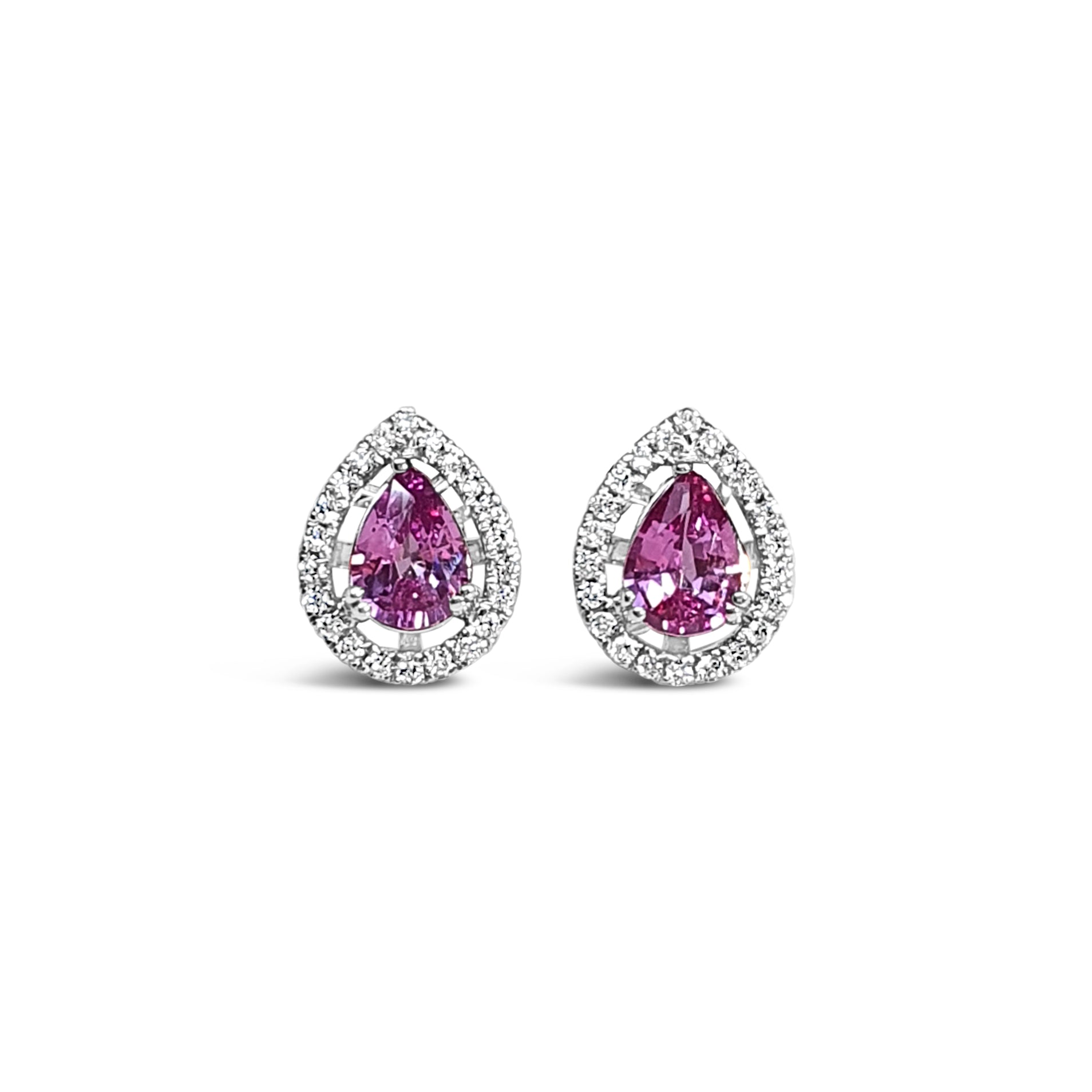 Candy Pink Pear Sapphire Diamond Halo Earrings