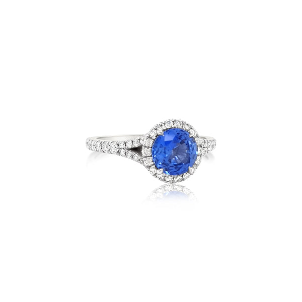 Sky Blue Sapphire Halo Split Shank Ring
